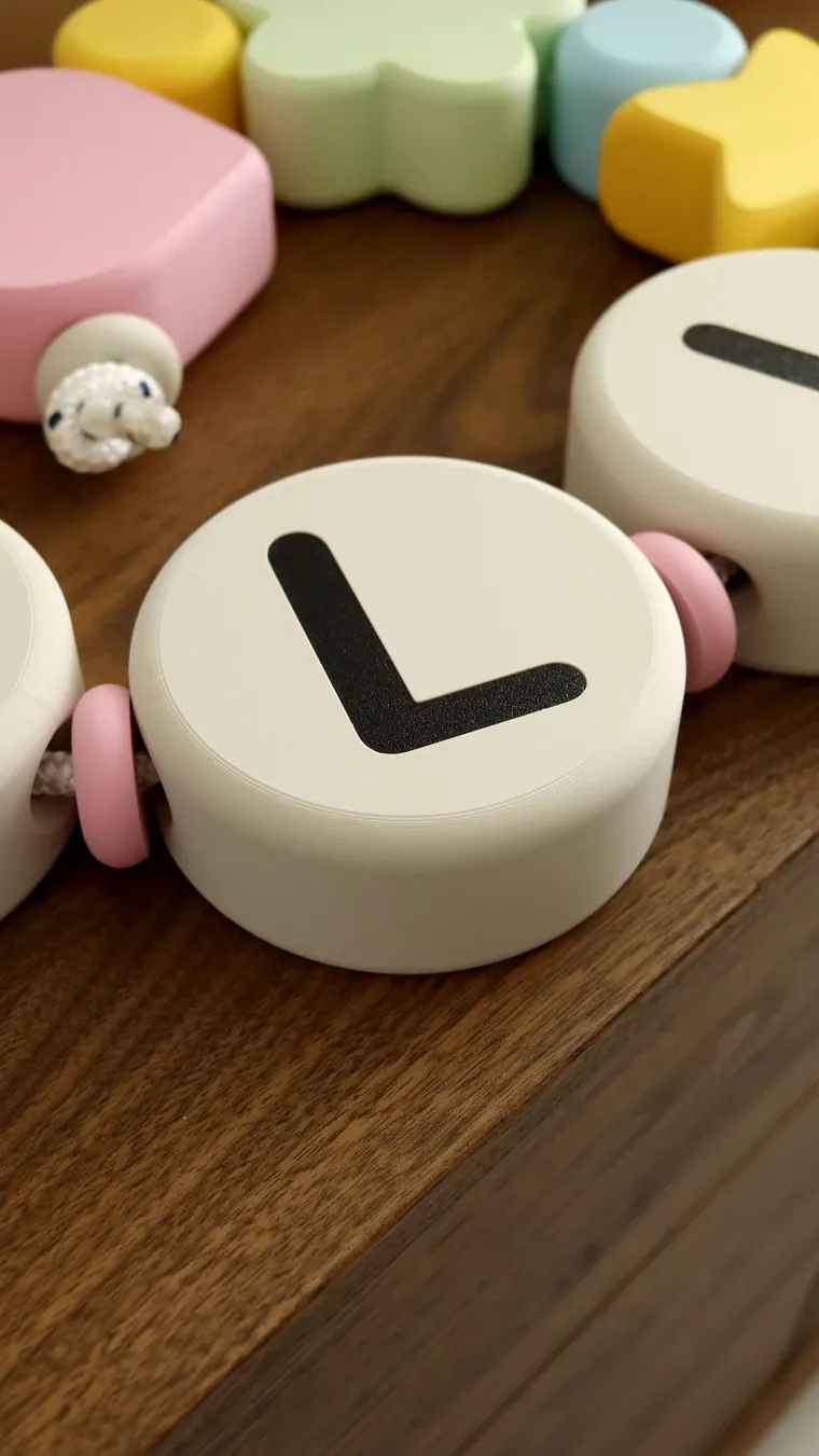Detalle de un disco con la letra L y separadores rosas