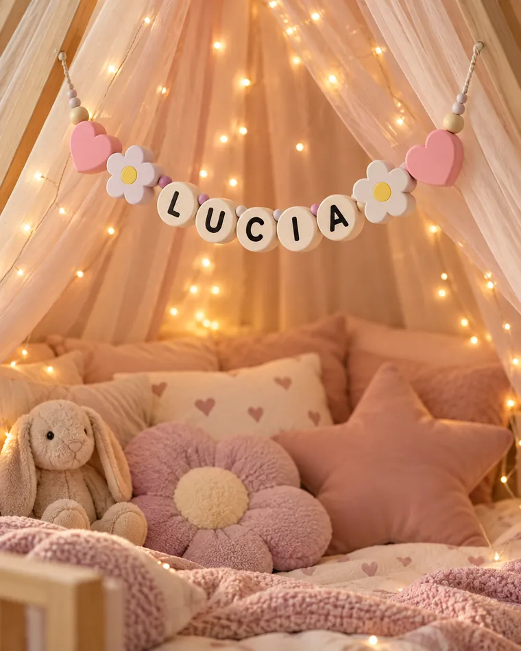 Guirnalda con el nombre LUCIA colgada dentro de un dosel con luces cálidas y cojines rosas