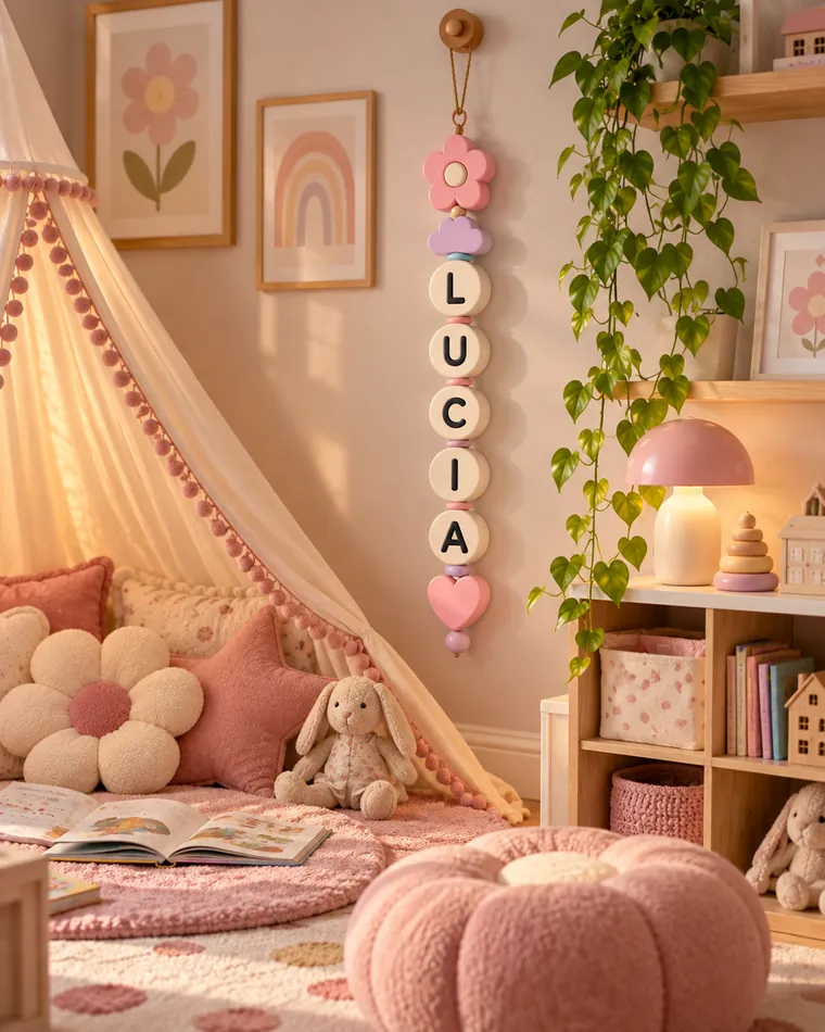 Guirnalda vertical con el nombre LUCIA junto a una casita de juego en un rincón de lectura rosa