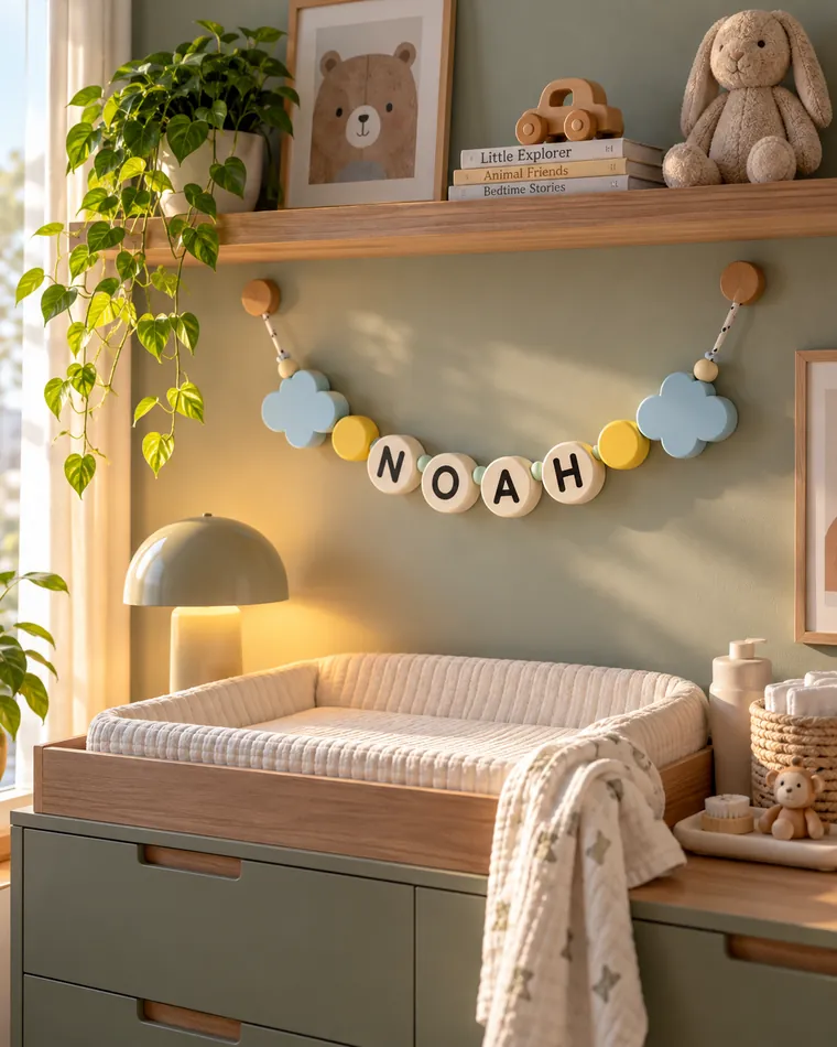 Guirnalda con el nombre NOAH con nubes celestes sobre un cambiador en un cuarto verde salvia