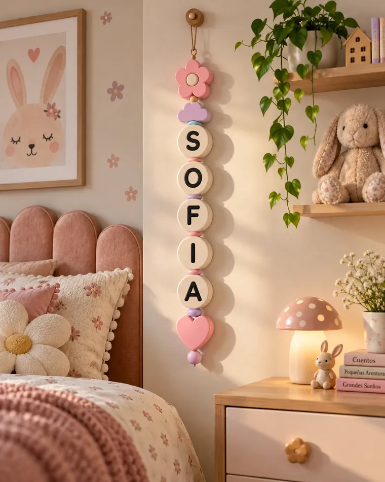 Guirnalda vertical con el nombre SOFIA con flor, nube y corazón junto a una cama rosa