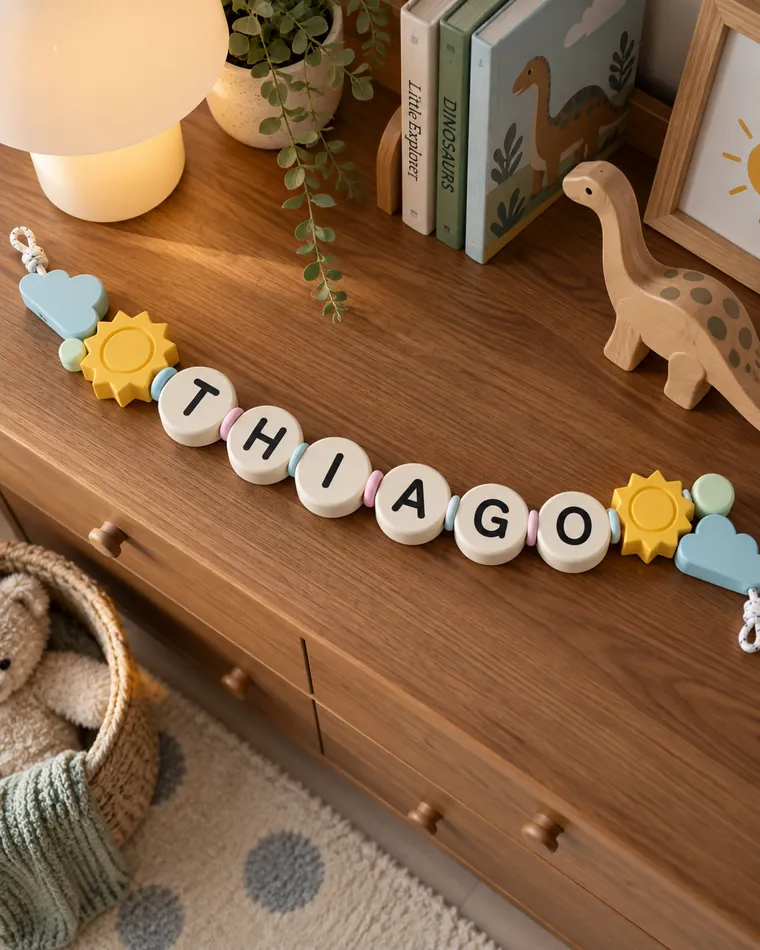 Guirnalda con el nombre THIAGO acomodada sobre una cómoda de madera junto a libros y un dinosaurio de juguete